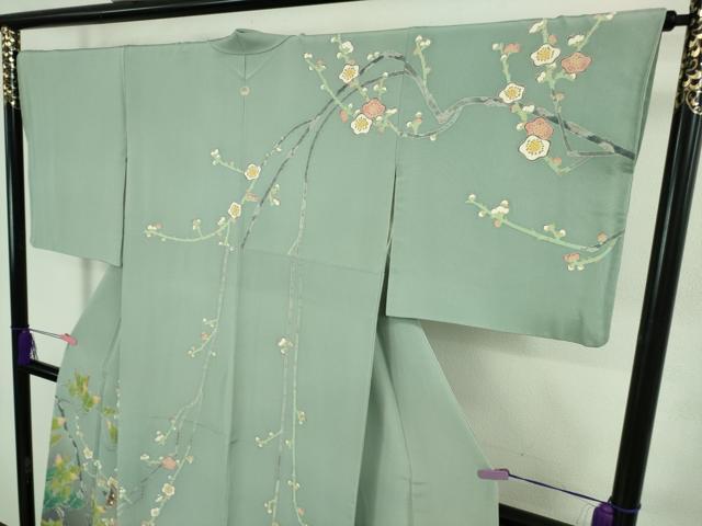 平和屋本店●極上　本加賀友禅作家　百貫華峰　訪問着　飛鶴松梅文　青竹色地　暈し染め　逸品　DZAB2209kh6