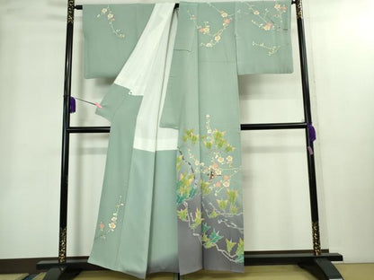 平和屋本店●極上　本加賀友禅作家　百貫華峰　訪問着　飛鶴松梅文　青竹色地　暈し染め　逸品　DZAB2209kh6