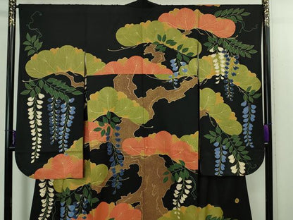 平和屋本店●極上　ジャパンオートクチュール　渡辺雪三郎　振袖　刺繍　松藤花房　黒地　金糸　逸品　DZAB2213kh6