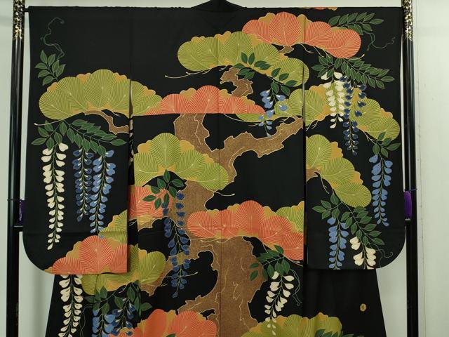 平和屋本店●極上　ジャパンオートクチュール　渡辺雪三郎　振袖　刺繍　松藤花房　黒地　金糸　逸品　DZAB2213kh6