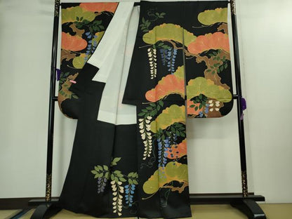 平和屋本店●極上　ジャパンオートクチュール　渡辺雪三郎　振袖　刺繍　松藤花房　黒地　金糸　逸品　DZAB2213kh6