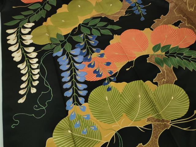 平和屋本店●極上　ジャパンオートクチュール　渡辺雪三郎　振袖　刺繍　松藤花房　黒地　金糸　逸品　DZAB2213kh6