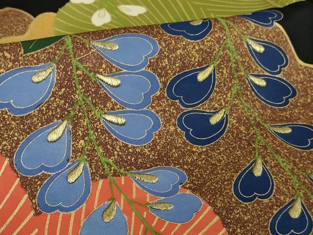 平和屋本店●極上　ジャパンオートクチュール　渡辺雪三郎　振袖　刺繍　松藤花房　黒地　金糸　逸品　DZAB2213kh6