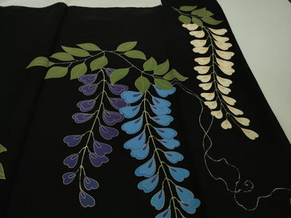 平和屋本店●極上　ジャパンオートクチュール　渡辺雪三郎　振袖　刺繍　松藤花房　黒地　金糸　逸品　DZAB2213kh6