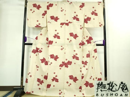 平和屋着物∴極上 夏物 撫松庵 綿 浴衣 金魚 砂色地 逸品 DZAB2216kh6