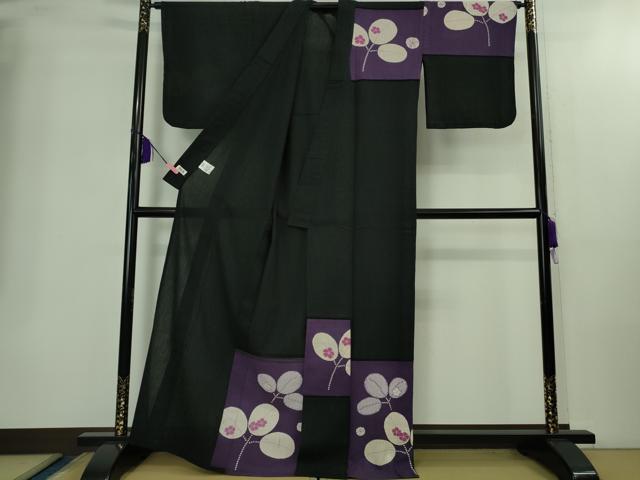 平和屋着物∴極上 夏物 撫松庵 浴衣 綿 萩文 黒地 逸品 DZAB2218kh6