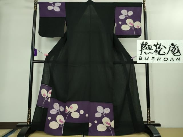 平和屋着物∴極上 夏物 撫松庵 浴衣 綿 萩文 黒地 逸品 DZAB2218kh6