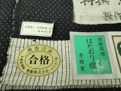 平和屋着物▽極上　結城ちぢみ　単衣　奥順謹製　はたおり娘　手緒里　黒地　証紙付き　逸品　DZAB2228kh6