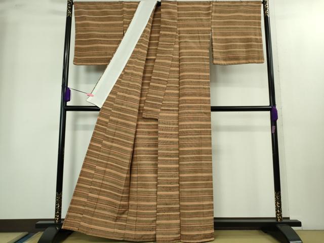 平和屋本店▽極上　伊兵衛織　工芸手織　単衣　横縞　逸品　未使用　DZAB2237kh6