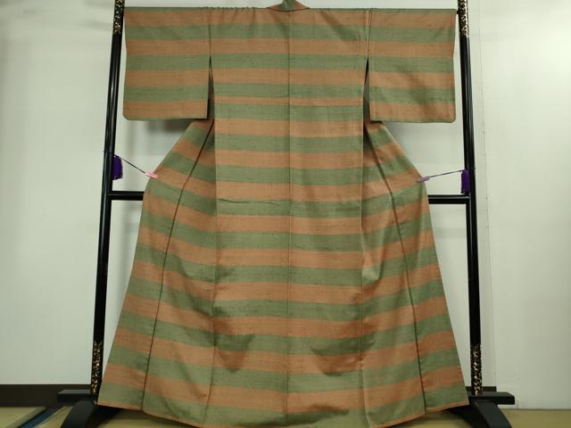 平和屋本店▽極上　伊兵衛織　工芸手織　単衣　横段文　証紙付き　逸品　DZAB2238kh6