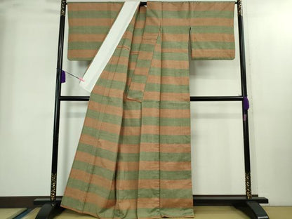 平和屋本店▽極上　伊兵衛織　工芸手織　単衣　横段文　証紙付き　逸品　DZAB2238kh6