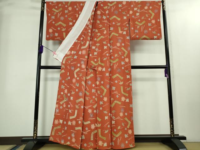 平和屋着物●極上　人形作家・ホリヒロシ　小紋　千鳥　吹寄せ　結び文　樺色地　鬼しぼ縮緬　逸品　DZAB2289kh6