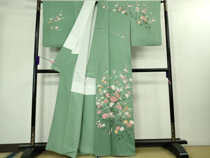 平和屋本店●極上　京加賀友禅　百貫達雄　訪問着　枝花に小鳥　青竹色地　暈し染め　高島屋扱い　逸品　DZAB2295kh6