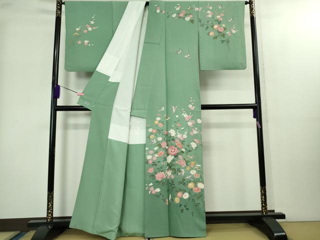 平和屋本店●極上　京加賀友禅　百貫達雄　訪問着　枝花に小鳥　青竹色地　暈し染め　高島屋扱い　逸品　DZAB2295kh6