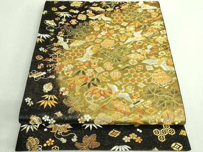 平和屋着物●極上 西陣 河合美術織物謹製 六通柄袋帯 唐織 豊明錦 飛鶴宝尽くし 黒地 金糸 逸品 DZAB2315kh6