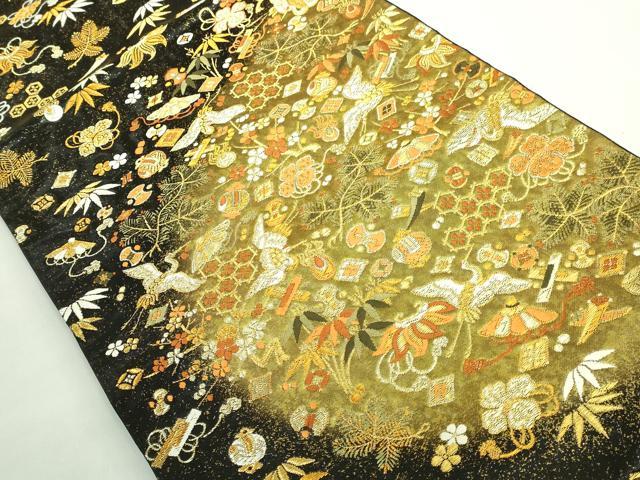 平和屋着物●極上 西陣 河合美術織物謹製 六通柄袋帯 唐織 豊明錦 飛鶴宝尽くし 黒地 金糸 逸品 DZAB2315kh6