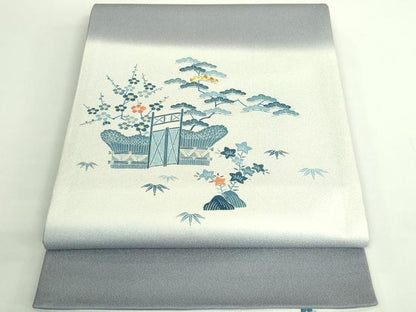 平和屋本店●極上　人間国宝　五代　田畑喜八　太鼓柄袋帯　駒刺繍　松竹梅　風景文　金糸　逸品　DZAB2319kh6