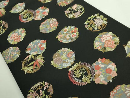平和屋着物●極上 本場筑前博多織 草木染 手織工房 染匠：小森久 両面 全通柄袋帯 草木染 四季丸紋 黒地 金糸 証紙付き 逸品 DZAB2325kh6