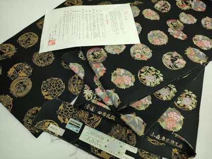 平和屋着物●極上 本場筑前博多織 草木染 手織工房 染匠：小森久 両面 全通柄袋帯 草木染 四季丸紋 黒地 金糸 証紙付き 逸品 DZAB2325kh6
