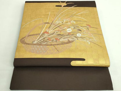 平和屋着物●極上　九寸開き名古屋帯　駒刺繍　花籠文　本金箔　焦茶色地　逸品　DZAB2329kh6