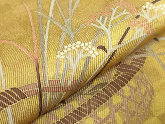 平和屋着物●極上　九寸開き名古屋帯　駒刺繍　花籠文　本金箔　焦茶色地　逸品　DZAB2329kh6