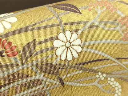 平和屋着物●極上　九寸開き名古屋帯　駒刺繍　花籠文　本金箔　焦茶色地　逸品　DZAB2329kh6