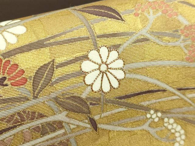 平和屋着物●極上　九寸開き名古屋帯　駒刺繍　花籠文　本金箔　焦茶色地　逸品　DZAB2329kh6