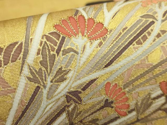 平和屋着物●極上　九寸開き名古屋帯　駒刺繍　花籠文　本金箔　焦茶色地　逸品　DZAB2329kh6