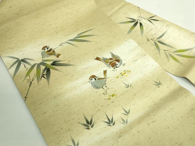 平和屋着物●極上 九寸名古屋帯 紬地 手描き 雀 逸品 DZAB2342kh6