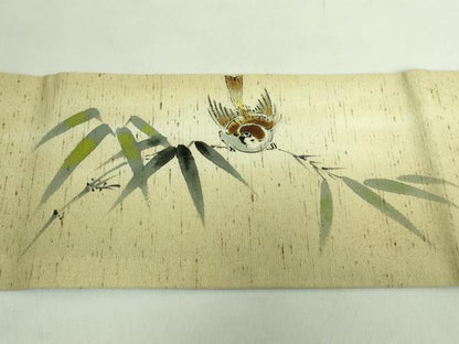 平和屋着物●極上 九寸名古屋帯 紬地 手描き 雀 逸品 DZAB2342kh6