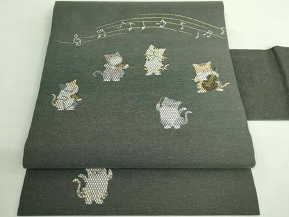 平和屋着物●極上　九寸名古屋帯　唐織　猫　音楽隊　金糸　逸品　DZAB2343kh6