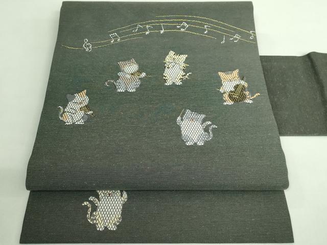 平和屋着物●極上　九寸名古屋帯　唐織　猫　音楽隊　金糸　逸品　DZAB2343kh6