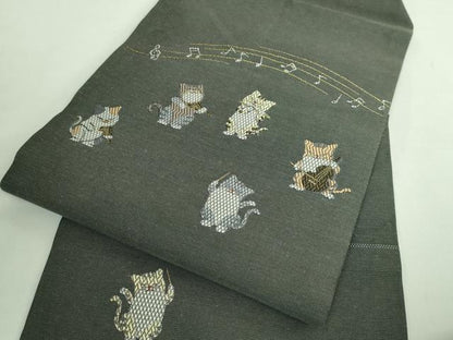 平和屋着物●極上　九寸名古屋帯　唐織　猫　音楽隊　金糸　逸品　DZAB2343kh6