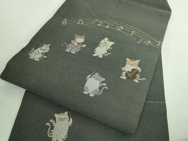 平和屋着物●極上　九寸名古屋帯　唐織　猫　音楽隊　金糸　逸品　DZAB2343kh6