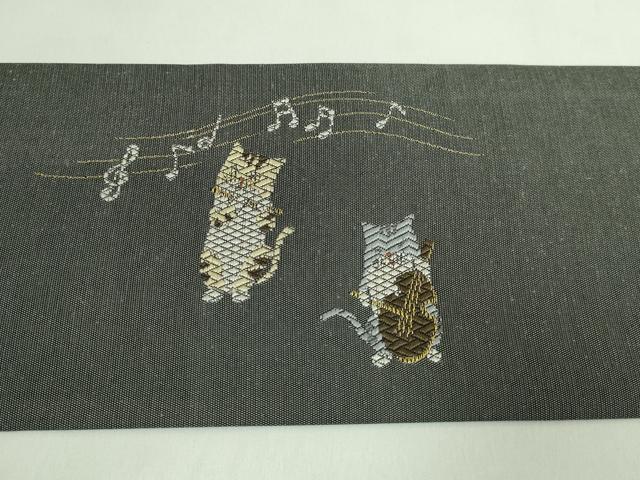 平和屋着物●極上　九寸名古屋帯　唐織　猫　音楽隊　金糸　逸品　DZAB2343kh6