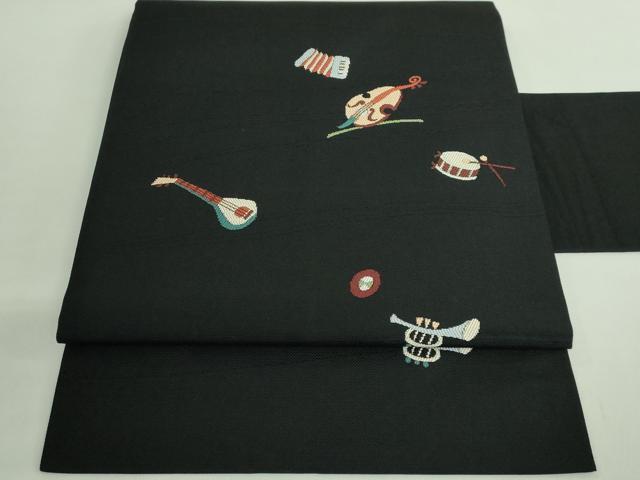 平和屋着物●極上　九寸名古屋帯　楽器文　黒地　逸品　DZAB2345kh6
