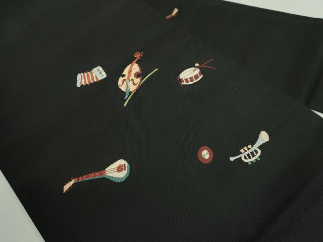 平和屋着物●極上　九寸名古屋帯　楽器文　黒地　逸品　DZAB2345kh6