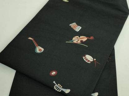 平和屋着物●極上　九寸名古屋帯　楽器文　黒地　逸品　DZAB2345kh6