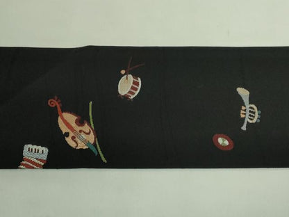 平和屋着物●極上　九寸名古屋帯　楽器文　黒地　逸品　DZAB2345kh6