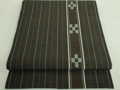平和屋着物●極上　沖縄県伝統工芸品　八重山ミンサー　手織り　八寸名古屋帯　間道　綿　証紙付き　逸品　DZAB2349kh6