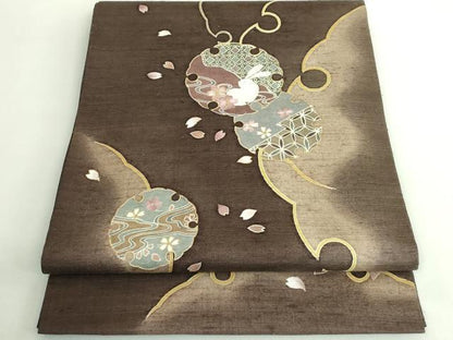 平和屋着物●極上　中国三大刺繍　相良刺繍　太鼓柄袋帯　紬地　雪輪花兎　金彩　やまと誂製　逸品　DZAB2357kh6