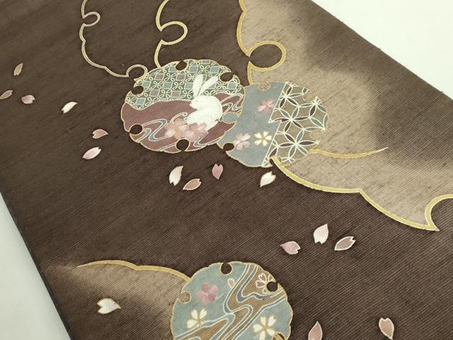 平和屋着物●極上　中国三大刺繍　相良刺繍　太鼓柄袋帯　紬地　雪輪花兎　金彩　やまと誂製　逸品　DZAB2357kh6