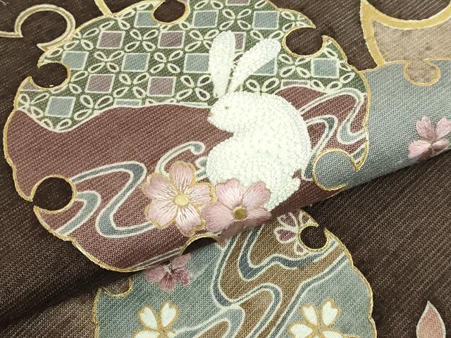 平和屋着物●極上　中国三大刺繍　相良刺繍　太鼓柄袋帯　紬地　雪輪花兎　金彩　やまと誂製　逸品　DZAB2357kh6