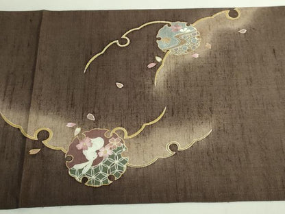 平和屋着物●極上　中国三大刺繍　相良刺繍　太鼓柄袋帯　紬地　雪輪花兎　金彩　やまと誂製　逸品　DZAB2357kh6