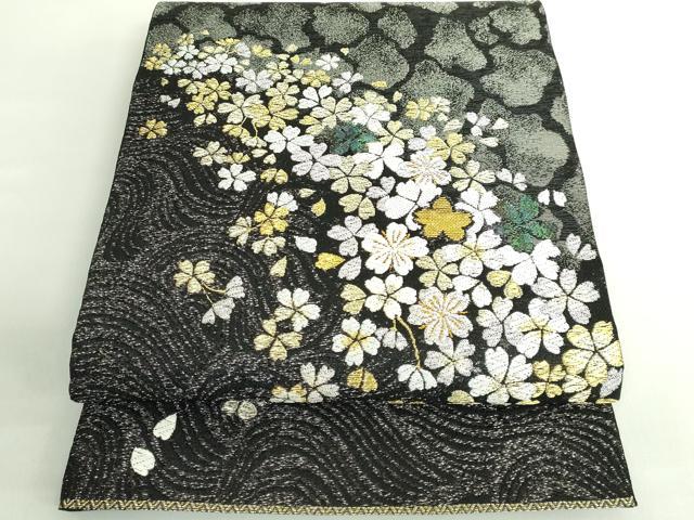 平和屋着物●極上　創業280年　誉田屋源兵衛　六通柄袋帯　唐織　螺鈿箔　舞桜　黒地　金銀糸　逸品　DZAB2361kh6
