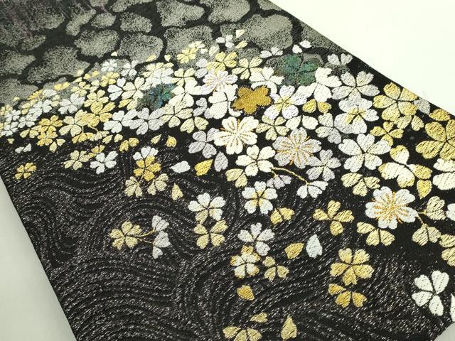 平和屋着物●極上　創業280年　誉田屋源兵衛　六通柄袋帯　唐織　螺鈿箔　舞桜　黒地　金銀糸　逸品　DZAB2361kh6