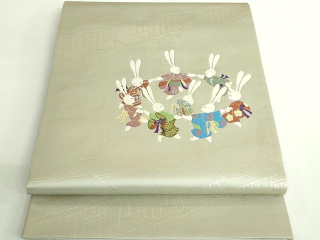 平和屋着物●極上 小田章 太鼓柄袋帯 かごめかごめ 兎 金糸 砂色地 逸品 DZAB2362kh6
