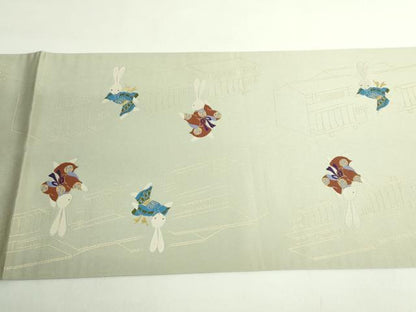 平和屋着物●極上 小田章 太鼓柄袋帯 かごめかごめ 兎 金糸 砂色地 逸品 DZAB2362kh6