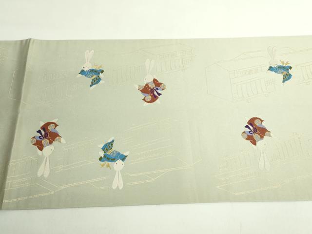 平和屋着物●極上 小田章 太鼓柄袋帯 かごめかごめ 兎 金糸 砂色地 逸品 DZAB2362kh6