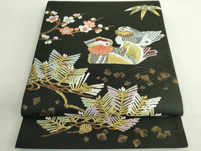 平和屋着物●極上　人間国宝・羽田登喜男　太鼓柄袋帯　唐織　松竹梅　鴛鴦　黒地　金銀糸　逸品　DZAB2363kh6